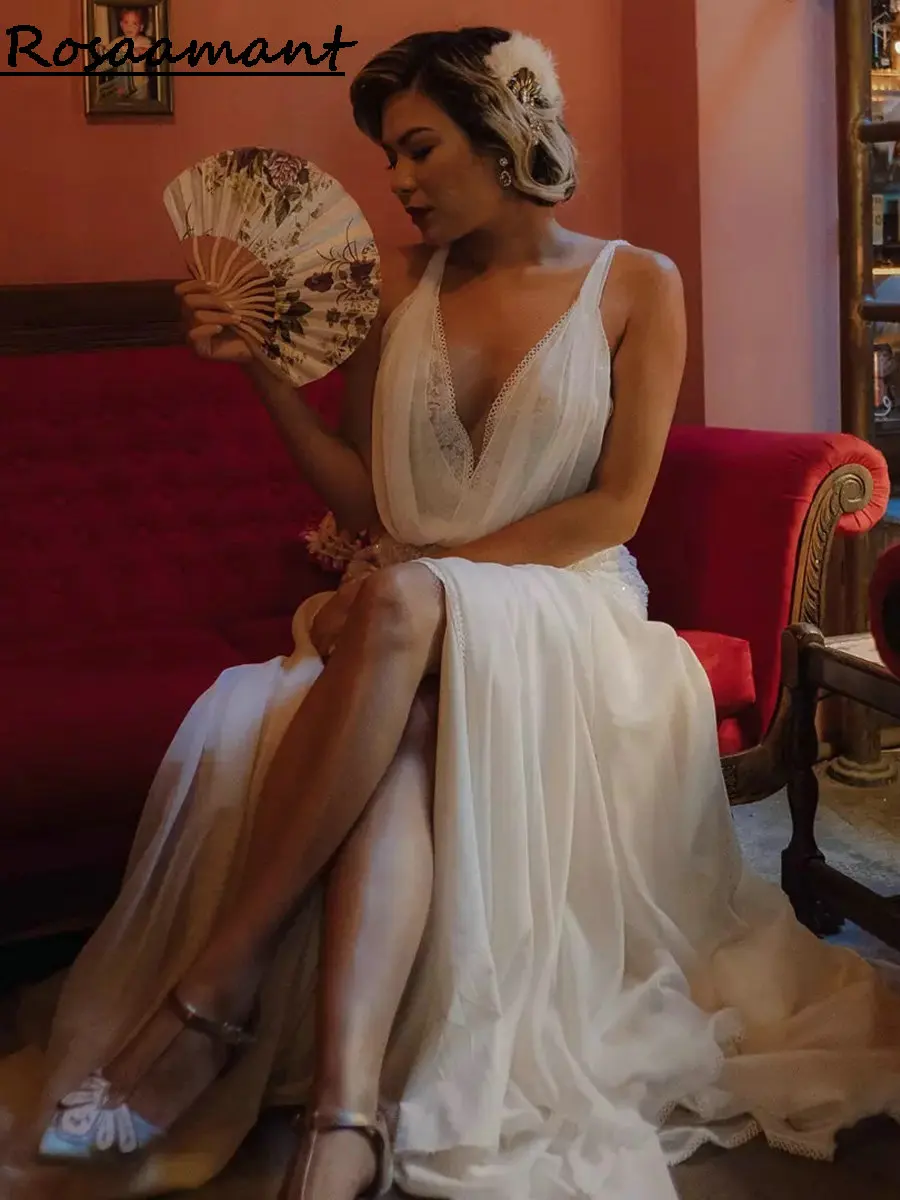 

Vintage Sleeveless High Split Chiffon Wedding Dresses A-Line V-Neck Draped Appliques Lace Country Bridal Gown