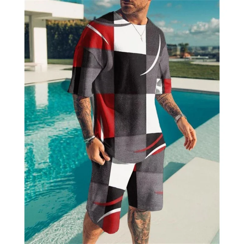 Men's Oversited Tshirt and short, Casual, Beach Style, European and American Trendy, 3D Digital Printing Texture, Summer New 202