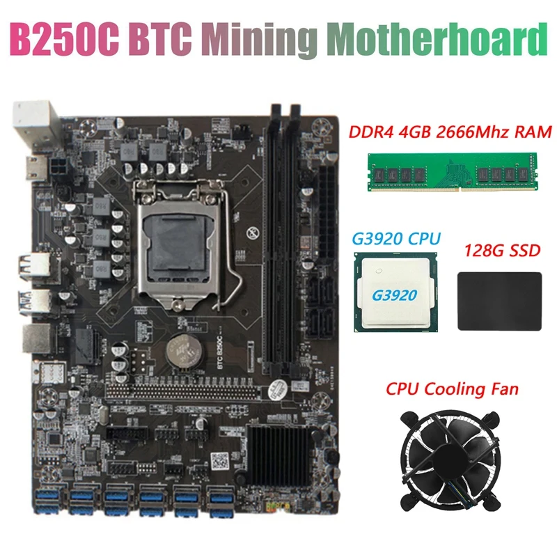 

Материнская плата AU42 -B250C для майнинга BTC + процессор G3920 + вентилятор + DDR4 4 Гб 2666 МГц ОЗУ + 128 Гб SSD 12xpcie на USB3.0, слот для графической карты BTC