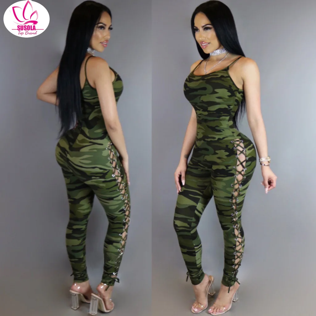 

Women Camouflage Print Side Eyelet Lace up Sexy Jumpsuits Hollow out Strap Long Pants Romper Bodycon Club Party Jumpsuit Overall