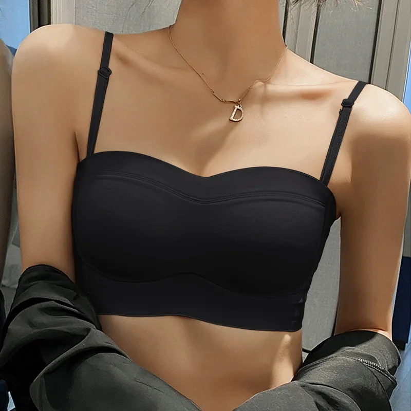 

Summer Breathable Tube Top for Dresses Solid with Thin Straps Bralette Lingerie Sexy Invisible Push Up Bras for Women Underwear