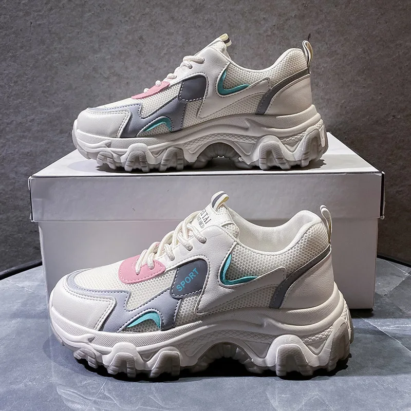 

2022 New Sneakers Women Mesh Breathable Platform Wedge Heels Shoes Lace Up Vulcanize Shoes Female Sports Flats Shoes Dad Shoes