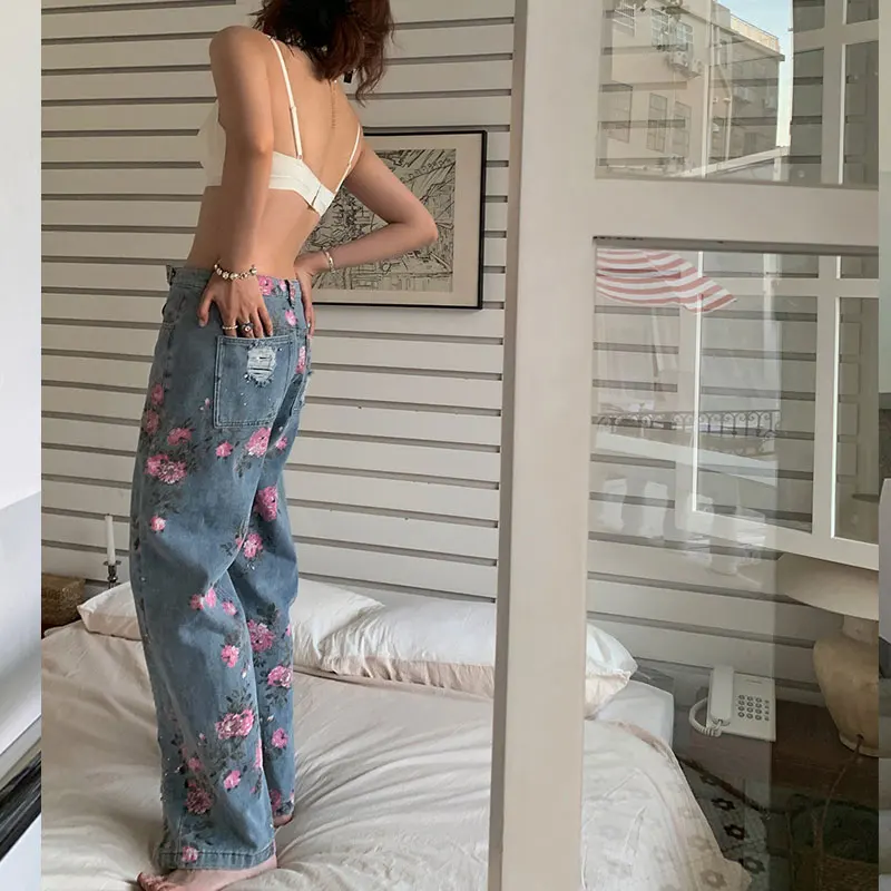 Flowers Print Jeans Women Vintage High Waist Denim Long Pants  Fashion Autumn Casual Wide Leg Full Length Denim Trousers