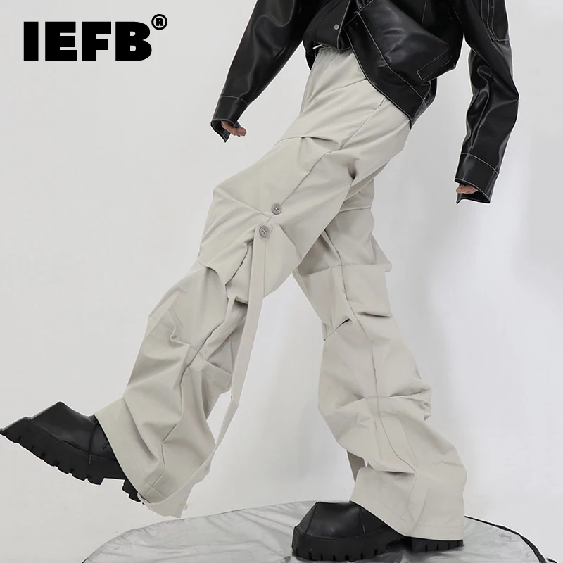 

IEFB Pleated Side Button Design Overalls Casual 2023 Spring Darkwear Loose Drape Straight Male Pants Solid Color Trousers 9A7150