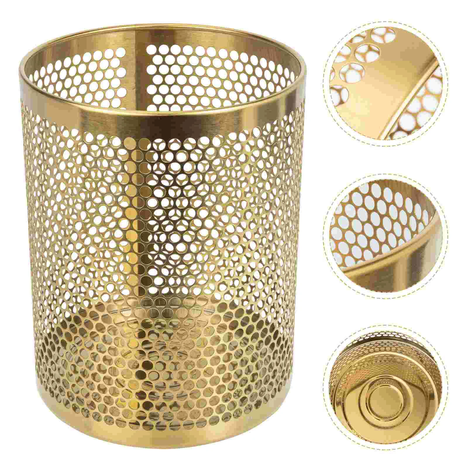 Golden Trash Can Home Holder Waste Paper Basket Stainless Steel Bathroom Garbage Bamboo Hollow Out
