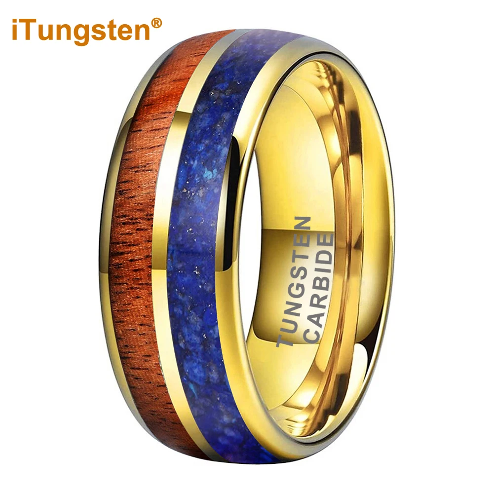 

iTungsten 8mm Gold Tungsten Carbide Ring for Men Women Engagement Wedding Band Blue-Lapis Koa Wood Inlay Domed Comfort Fit