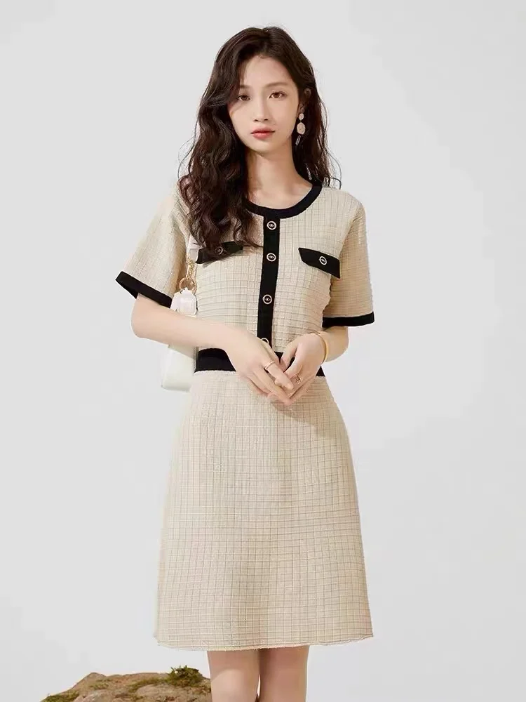 

high end designer clothesLa Belle's small fragrance is slim and high-grade waffle dress women's 2022 summer new waist A-line