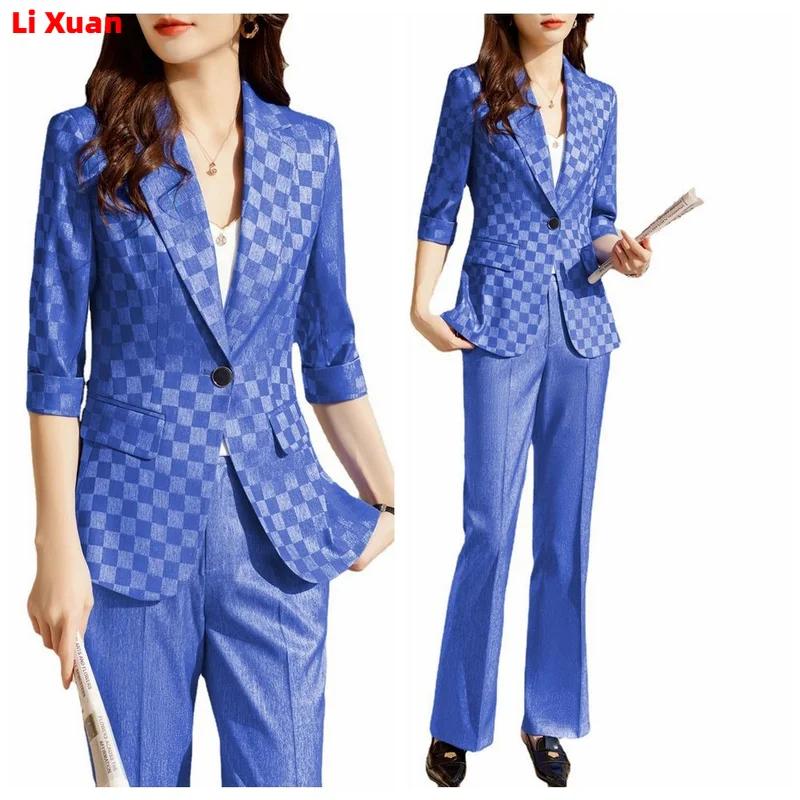 2023 Spring Suit Elegant Women Office Trousers Outfits Slim Print Plaid Casual Blazer Jackets  Pants Korean Femme 2 Piece Sets