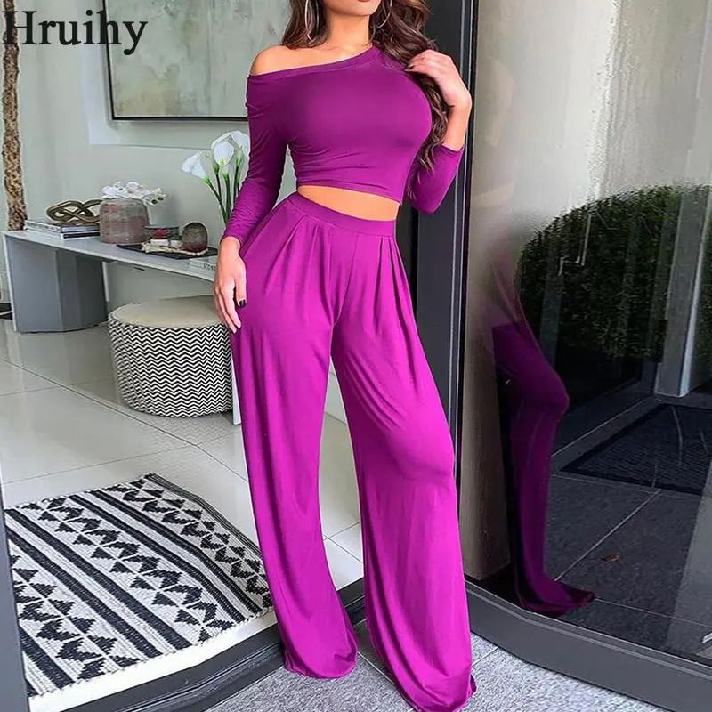 

Tracksuit Women Fashion New Long Sleeve Skew Neck Slim Streetwear Exposed Navel Two Piece Set Women Elastic Waist Dresy Damskie