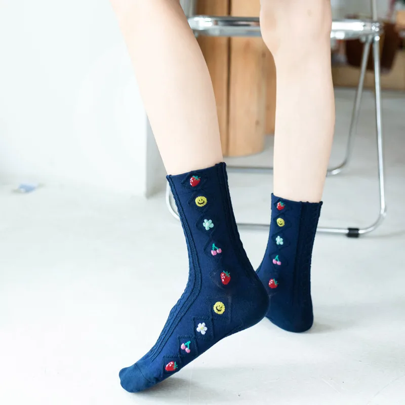 4pairs Spring  Autumn Socks Women's Tube Cotton Japanese JK Fruit Smiley Sweet Beauty Three-dimensional Embossed Flowers Piles