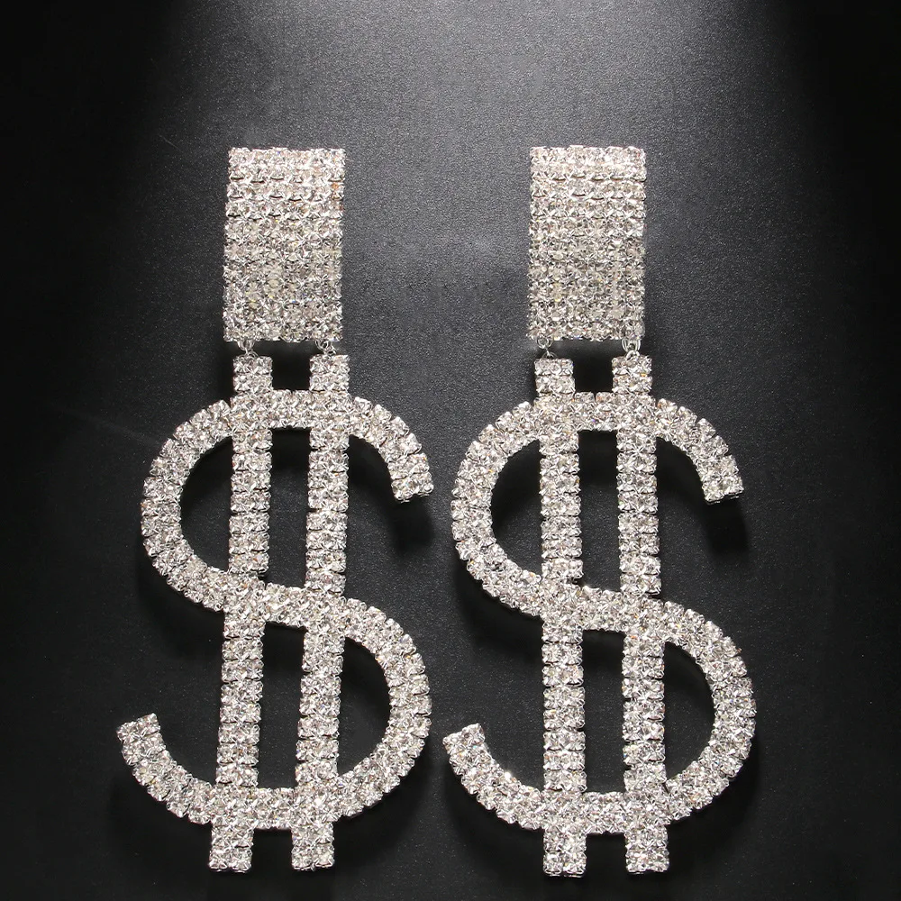 Novelly Rhinestone Super Large Dollar Icon Pendant Dangle Earings for Girl Crystal Geometric Statement Drop Earrings Accessories