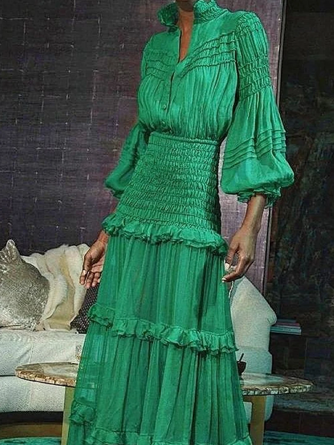 Элегантное длинное платье женское осеннее с воротником-фонариком и