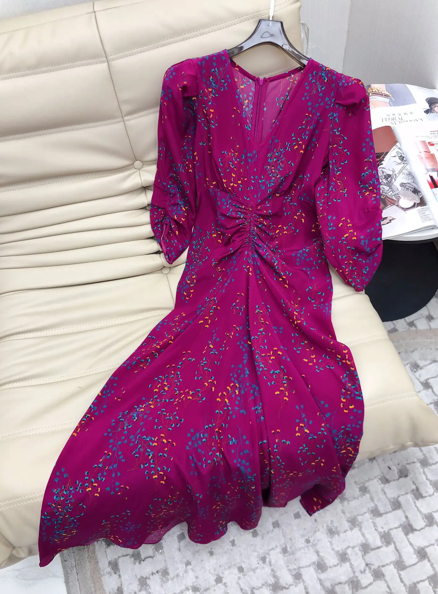 100% silk high quality summer women puff sleeve floral printed long dresses elegant V-neck folds mermaid dress