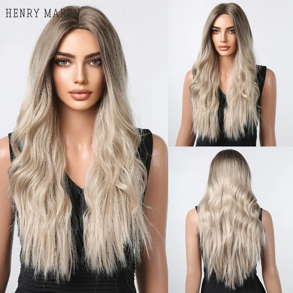

HENRY MARGU Long Ash Blonde Wig for Women Blonde Middle Part Wave Hair Wigs Natural Light Brown Cosplay Party Wig Heat Resistant