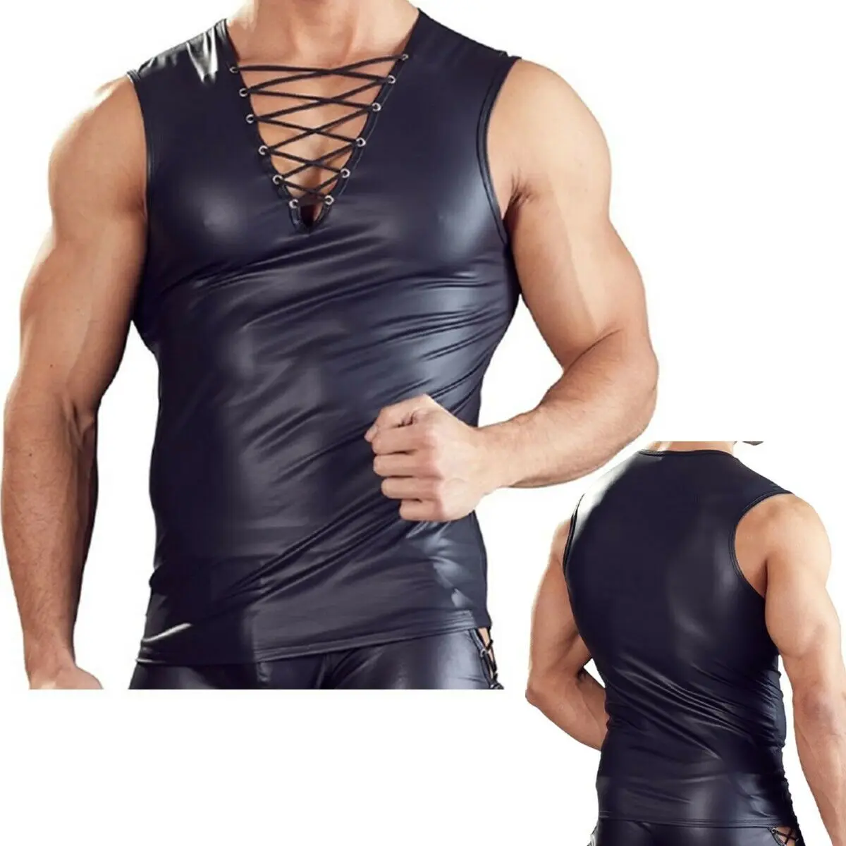 

Mens Sexy Sleeveless Bandage V Neck Low-cut Faux Leather Slim Vest Gym Tank Top Wrestling Singlet Undershirt Night Club T Shirts