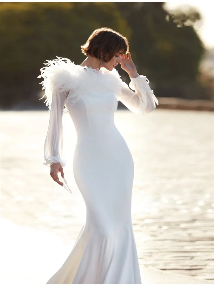 

New Arrival Bateau Neckline Crepe Detachable Chiffon Sleeves Mermaid Wedding Dress Elegant Sweep Train Feather Gowns For Party