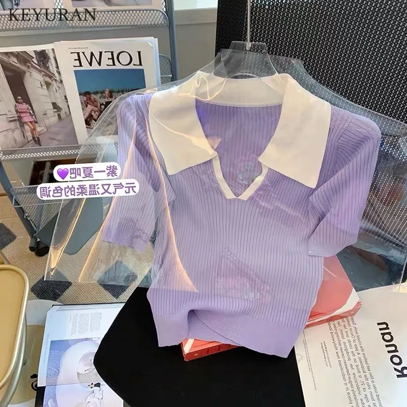 

Женская футболка с отложным воротником, фиолетовая трикотажная футболка с коротким рукавом, Повседневная футболка в Корейском стиле, лето ...