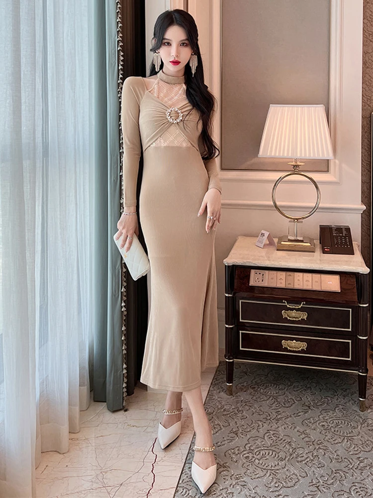 

Chic Women Evening Dress Sheer Sparkly Diamonds Halter Hollow Bodycon Midi Club Robe Femme Mujer Vestido Festa Luxo High Quality