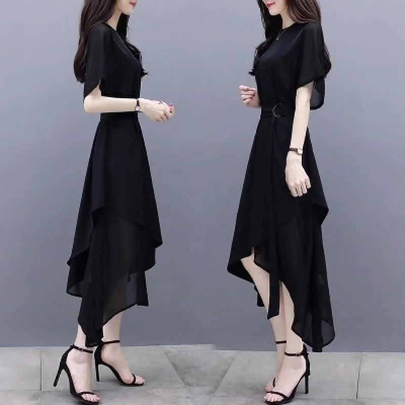 

Летняя женская одежда черное длинное платье с коротким рукавом ассиметричный изящный китайский стиль Ретро облегающая юбка миди с поясом Оптовая Продажа Новинка