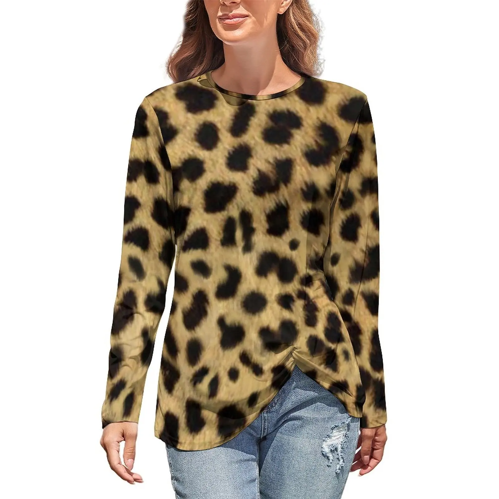 

Fall 2022 Fashion Trend Plus Size Faux Cheetah Hair T Shirt Animal Leopard Print Streetwear Fashion Long Sleeve Fun T Shirt Wome
