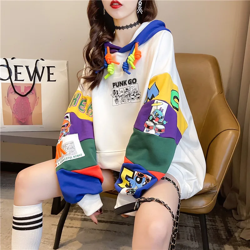 

ZITY Patchwork Hoodie Sweatshirt Girl Spring Women Causal Loose Hip Hop Tops Cute Funny Korean High Street White Hoodies Coat