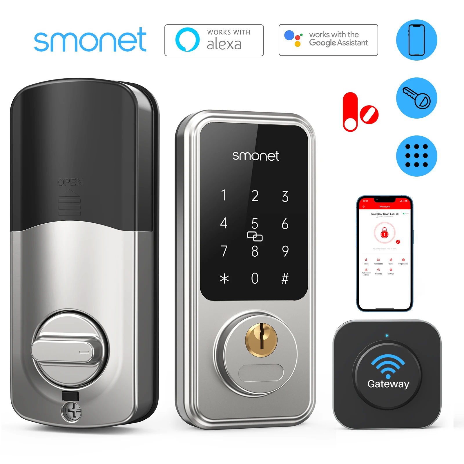 

Smonet Smart Deadbolt Locks with Gateway for Front Door WiFi App Remote Control Keyless Entry Keypad Door Lock Work with Alexa