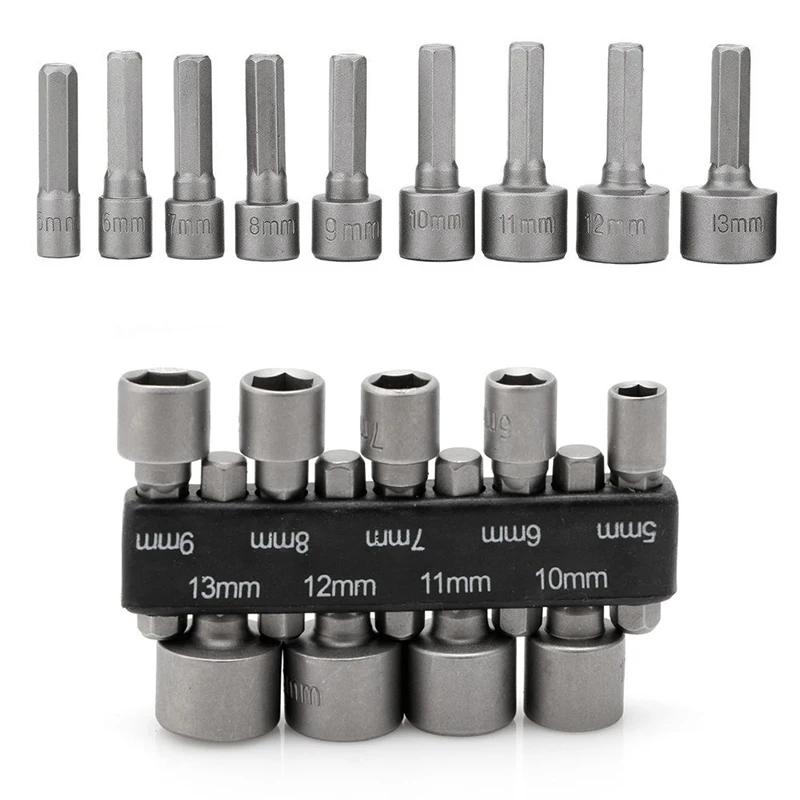 

New 9pcs 5-13mm Power Nut Driver Drill Bit 1/4" Hex Shank Metric Socket Wrench Screw