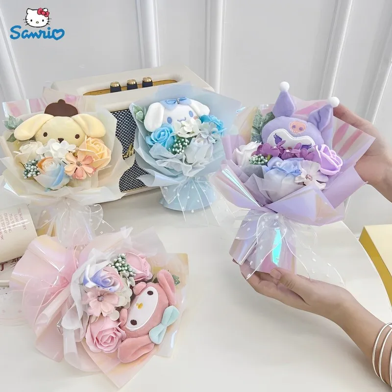 

New Sanrio Cinnamoroll Kuromi Pom Pom Purin My Melody Plush Doll Kawaii Bouquet Flowers Cartoon Anime Girl Birthday Gift