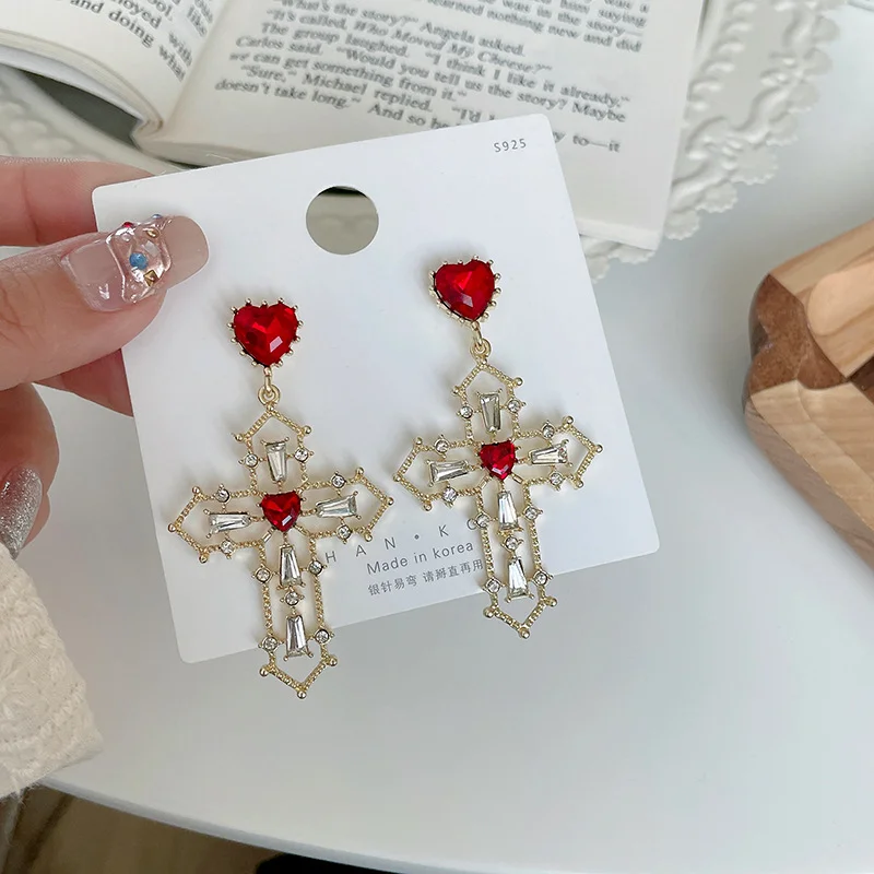 

New Fashion Cross Red Heart Earrings for Women Gold Color Personalized Party Vacation Jewelry Best Gift for Girls Zinc alloy