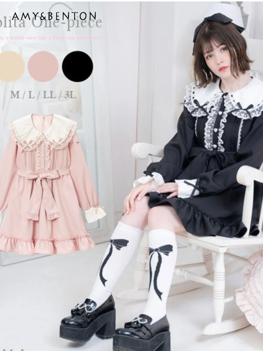 

Осеннее Новое японское милое женское платье трапециевидной формы в стиле «лолита» с кружевным бантом и длинными рукавами однотонное базовое элегантное платье