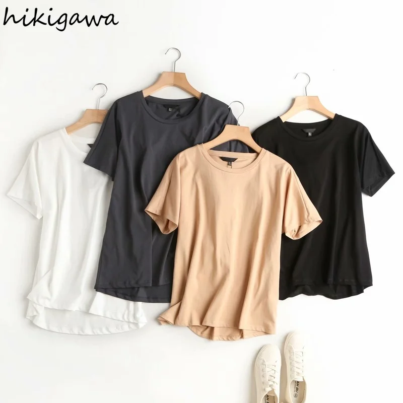 

Hikigawa женские модные однотонные Четырехцветные универсальные хлопковые повседневные футболки винтажные женские шикарные топы с круглым вы...