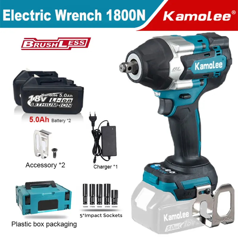 

Kamolee DTW700 Electric Tool 1800N. M Electric Impact Wrench Brushless 1/2 Inch, 2 Batteries, Suitable for Makita 18V Battery.