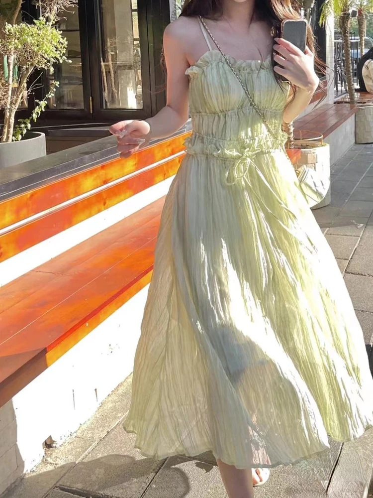 

Шифоновое зеленое милое элегантное платье на бретелях, женское повседневное винтажное строгое платье на шнуровке в Корейском стиле ретро, Новинка лета 2023