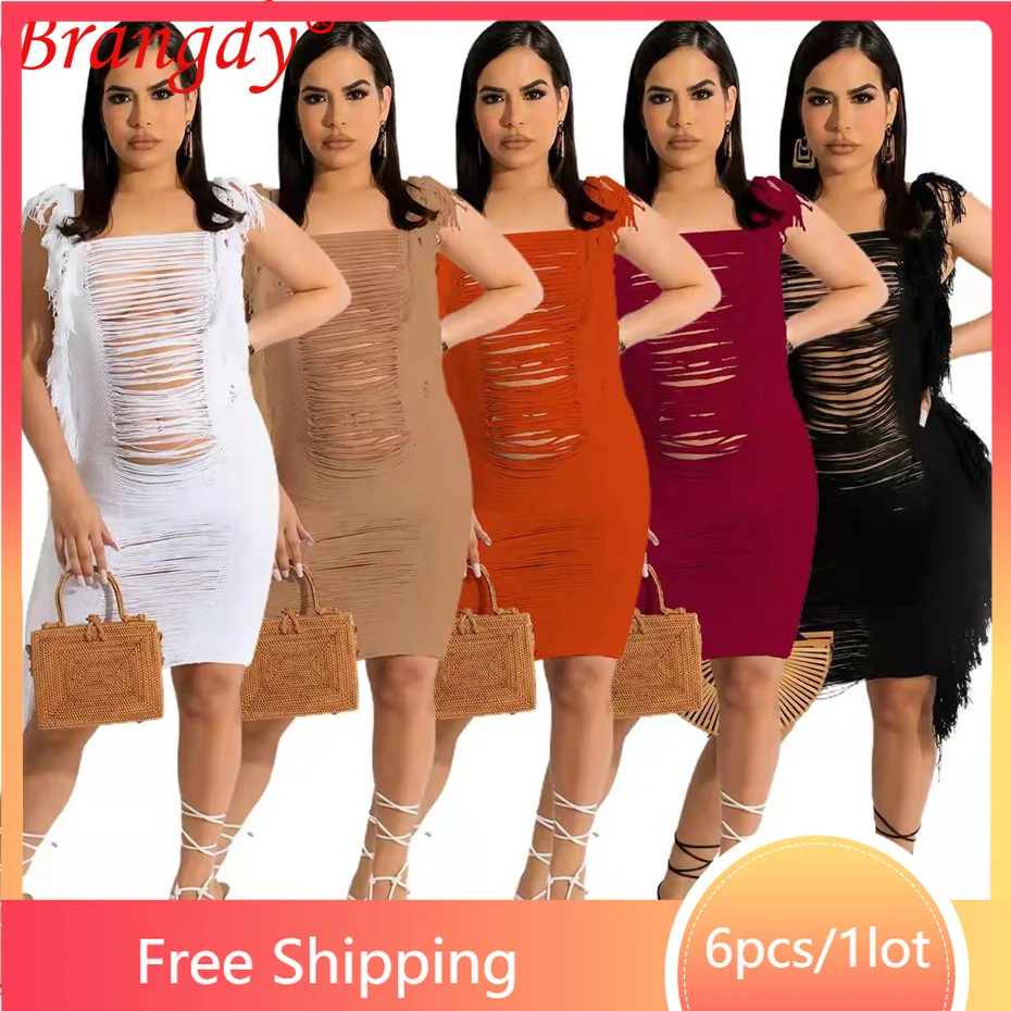 

Summer Knit Dresses for Women Sexy Tassel Sleeveless Bodycon Beach Y2k Clothes Mini Above Knee Club Wear B8768