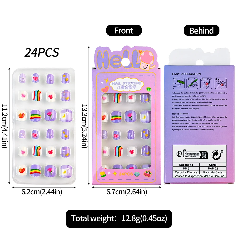 24Pcs/box Kids Adhesive False nails Cute Girl press on Cartoon Sticky Nails 6~12 years Child Wearable Fake for girls