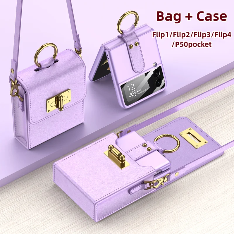 

Crossbody Bag Phone Case For Samsung Galaxy Z Flip2 Flip3 Flip 4 Shoulder Necklace Flat Open Leather Clutch Shockproof Funda New