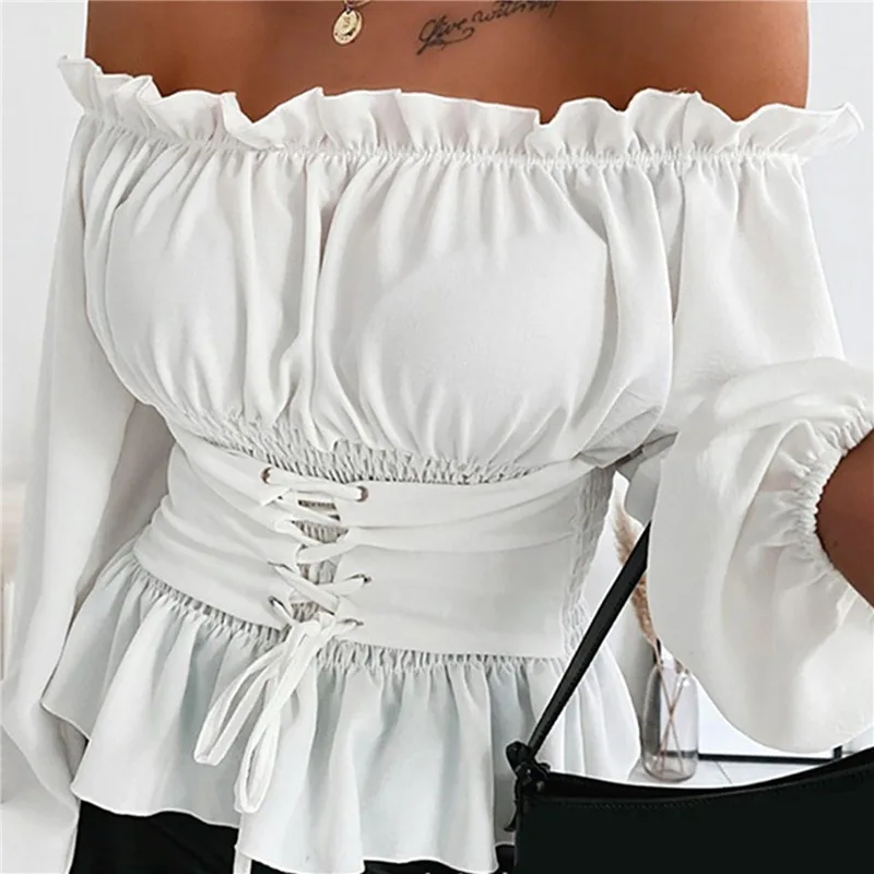 

Women Top Sexy Blouse Off Shoulder Tops Long Sleeve Lace-up Front Ruffles Club Party White Shirt Casual Tunic Crop Top Blouses