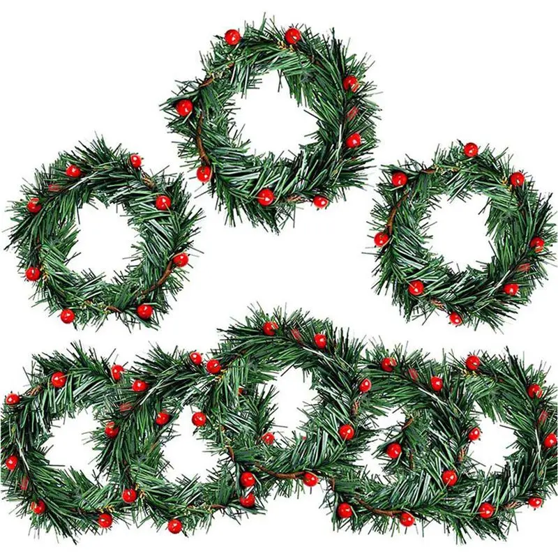 Фото ABKO-24 PCS Декоративное кольцо для свечей с ягодами холли, маленькое, искусственное, с красными ягодами и сосновыми иголками, для рождественских гирлянд и украшений №1