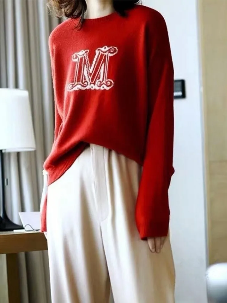 Женский свитер с круглым вырезом длинным рукавом и надписью | Женская одежда