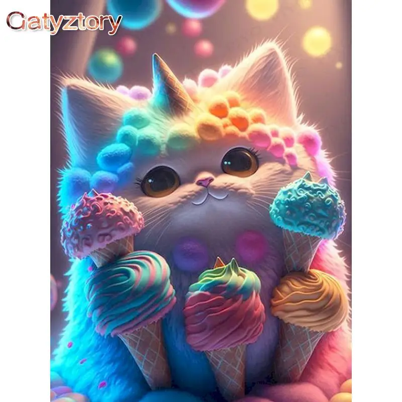 

GATYZTORY Frame DIY Painting By Numbers Ice Cream Cat Kits Acrylic Paint By Numbers Hand painted Oil Painting For Home Decor