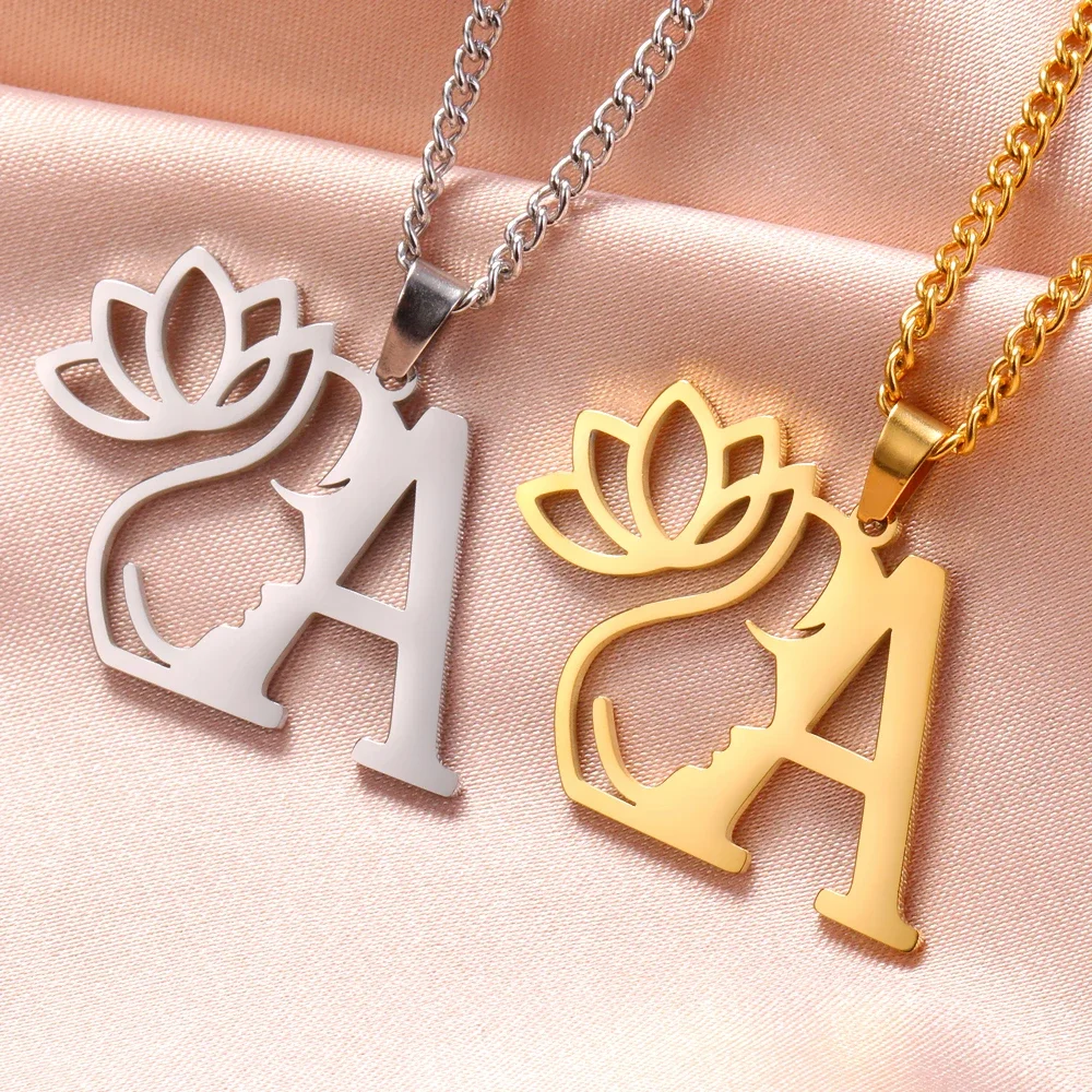 А - Z инициалы лотос кулон ожерелье леди нержавеющая сталь дама боковые украшения