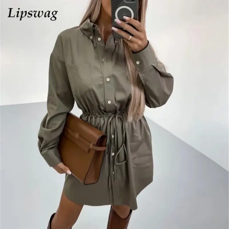 

Autumn Casual Drawstring Waist Mini Dress Women Fashion Long Sleeve Shirt Dress Offic Lady Sexy Turn-down Collar Dresses Vestido
