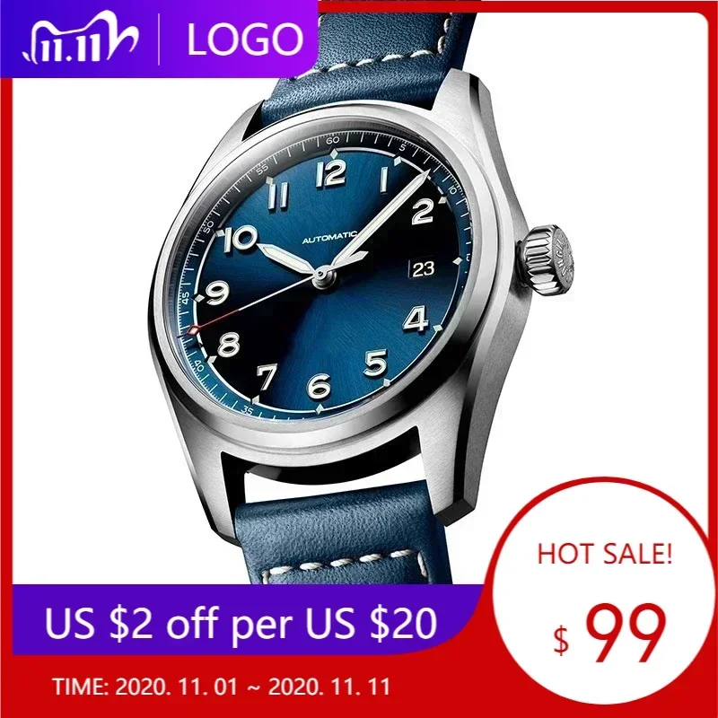 Роскошные новые автоматические механические мужские часы Pioneer синие кожаные