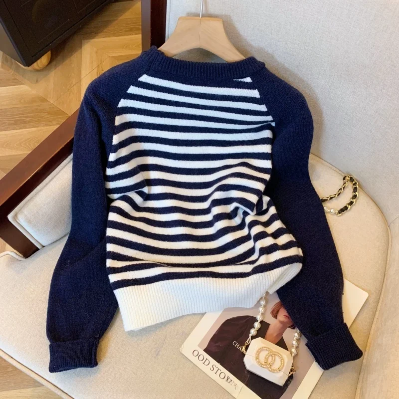 Женский свитер с вышивкой пони в полоску и рукавами реглан темно-осенний
