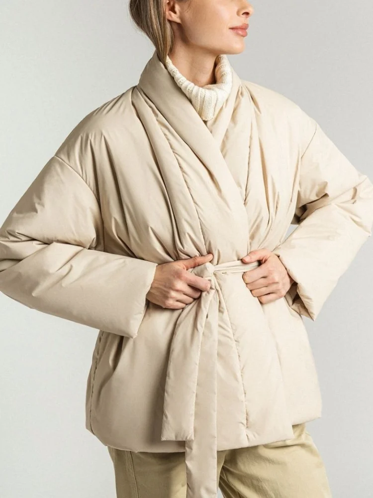 

Women Winter Short Down Parkas Coat 2022 Fashion Quilted Belt Thick Warm Cotton Jackets Coats Beige Female Outerwear Clothing
