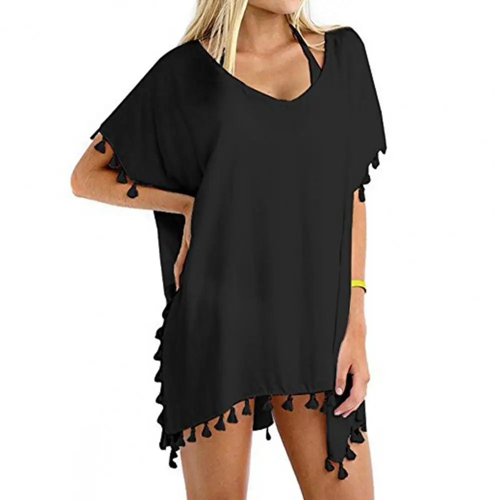 

2022 Сексуальная накидка, купальник, накидка с кисточками, женское пляжное платье с квадратным V-образным вырезом и коротким рукавом, пляжная ...