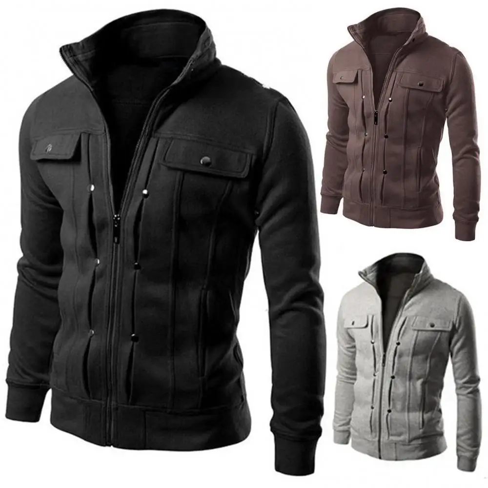 

Plus Size Men Solid Color Stand Collar Long Sleeve Zip Pocket Slim Jacket Coat