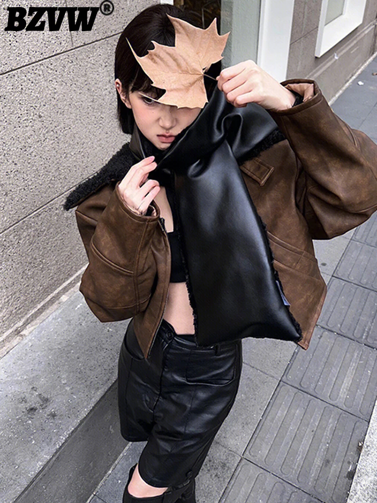 

Женская Короткая кожаная куртка BZVW, винтажное дизайнерское пальто с потертым плюшевым воротником, Осень-зима 2023