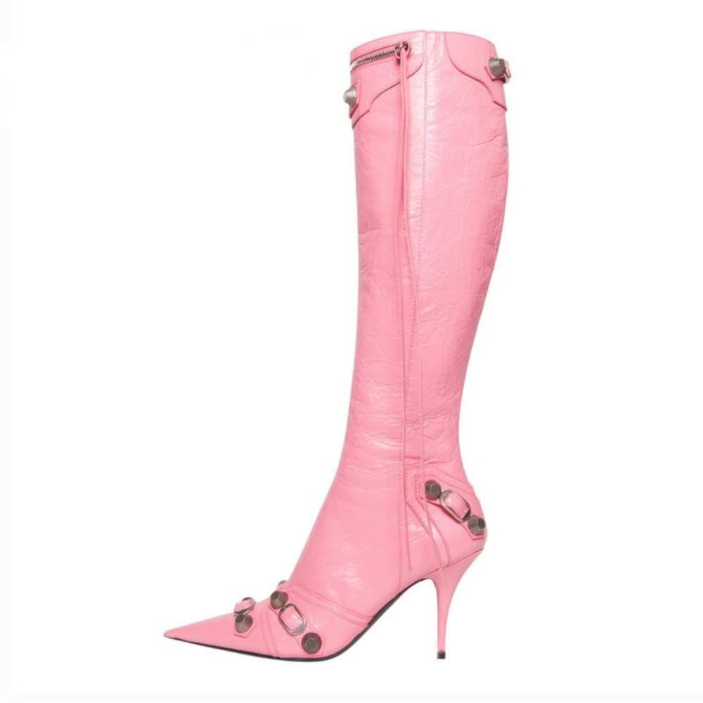 

Pointed Toe Metal Buckle Zipper Knee Boots Feminine Stiletto Studded High Heel Boots Black Luxury Design Women's Shoes Size 43