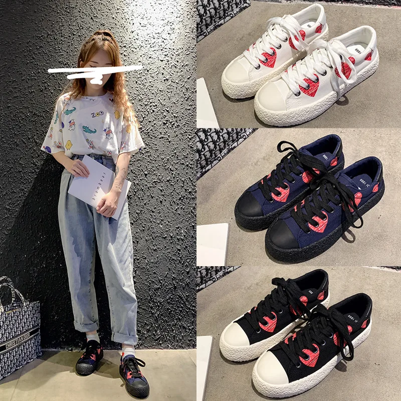 

Red Heart Canvas Shoes 2022 New Spring Autumn Women Cloth Shoes Sweet Girls Student High Top Canvas Shoes Single Casual Shoes
